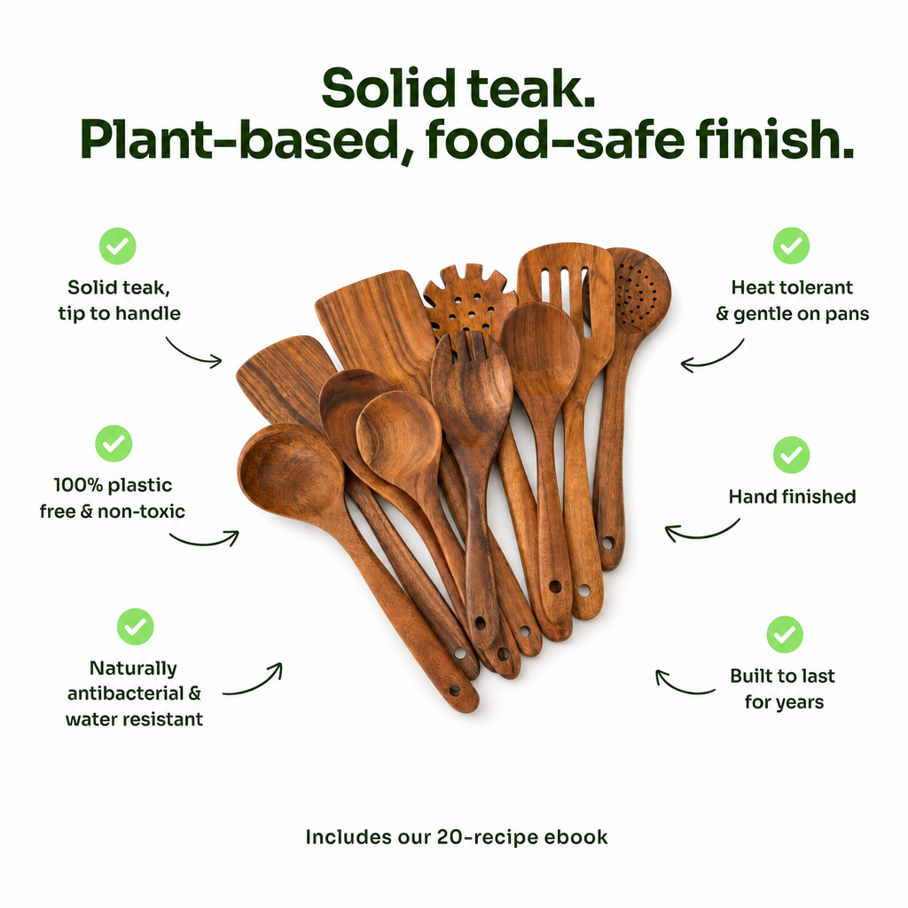 10-Piece Premium Non-Toxic Teak Wood Utensil Set