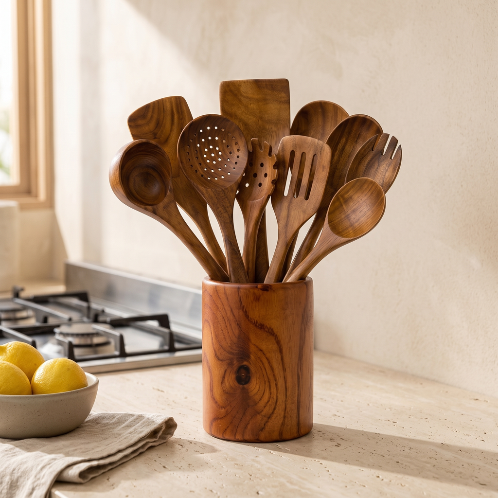 10-Piece Premium Non-Toxic Teak Wood Utensil Set