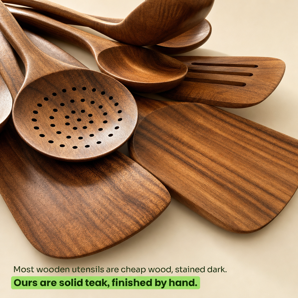 10-Piece Premium Non-Toxic Teak Wood Utensil Set