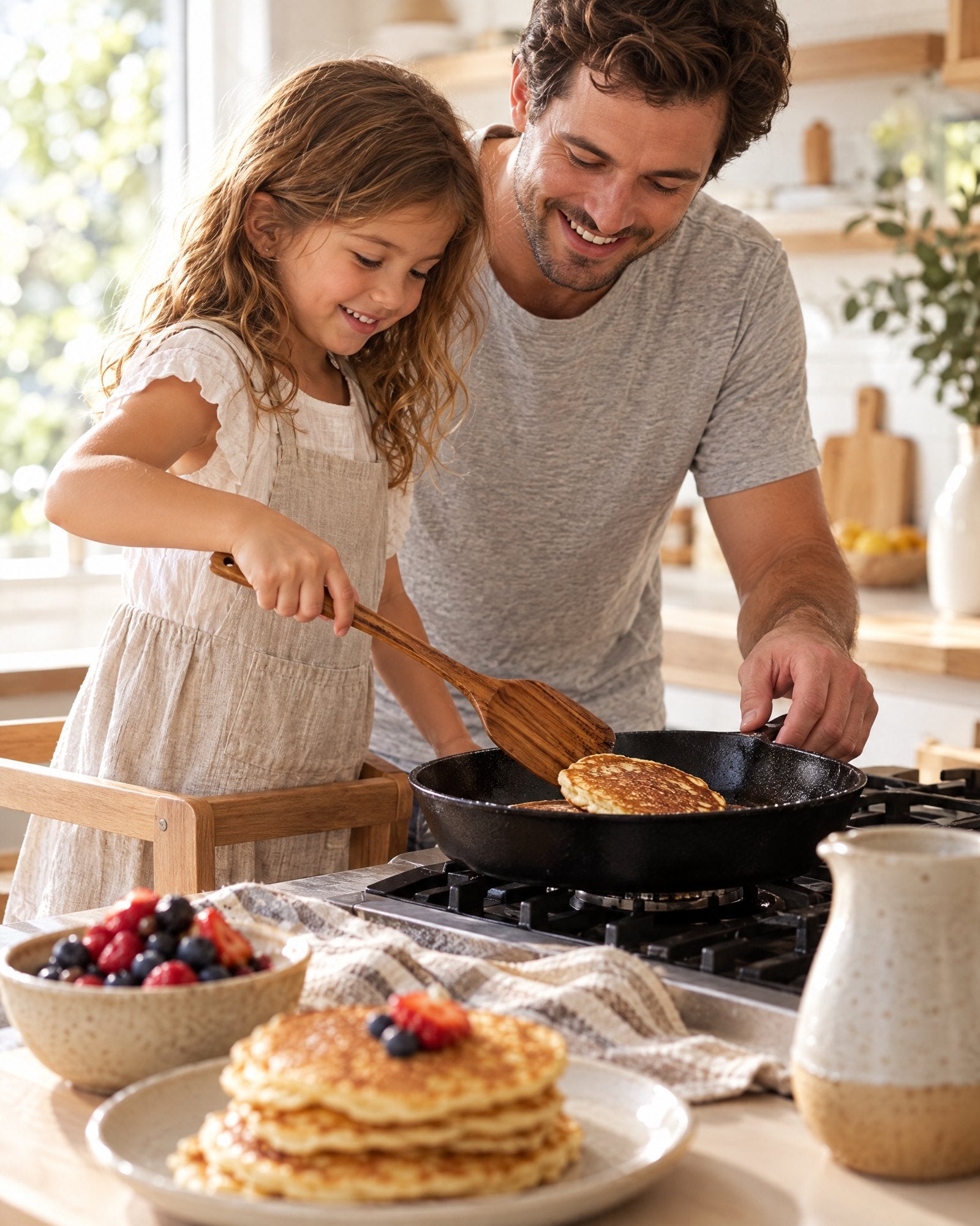 Parent and child flipping pancakes with a teak spatula
