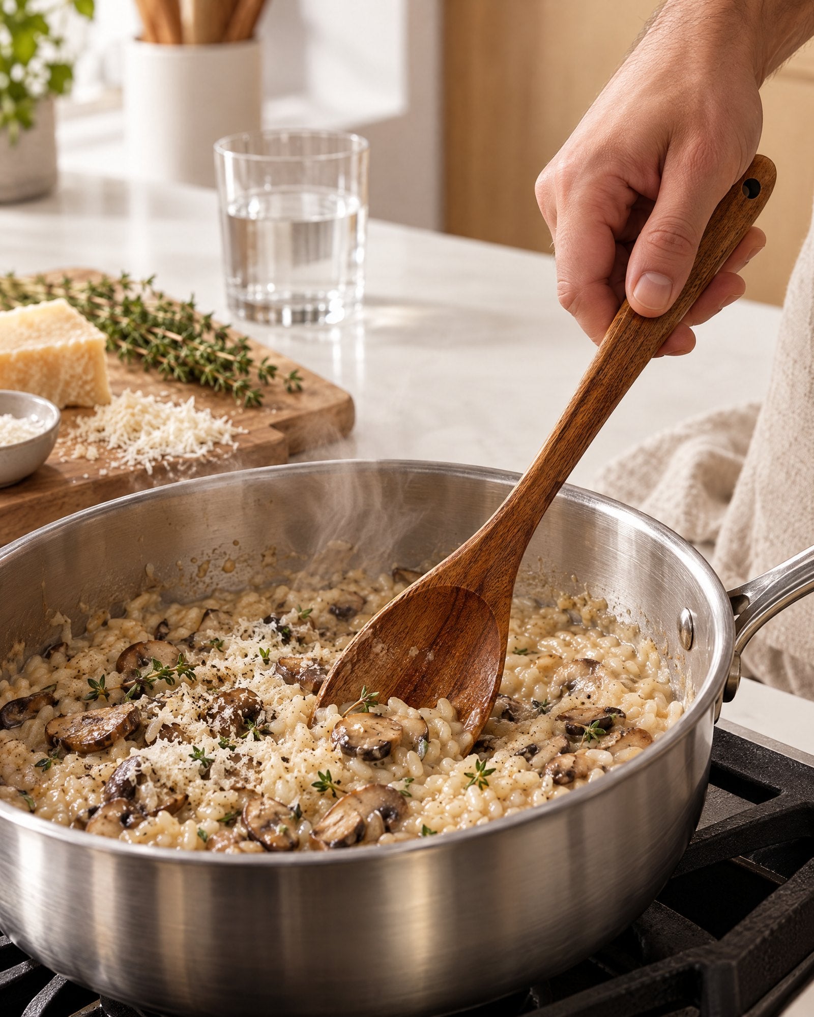 Stirring risotto with a teak spoon