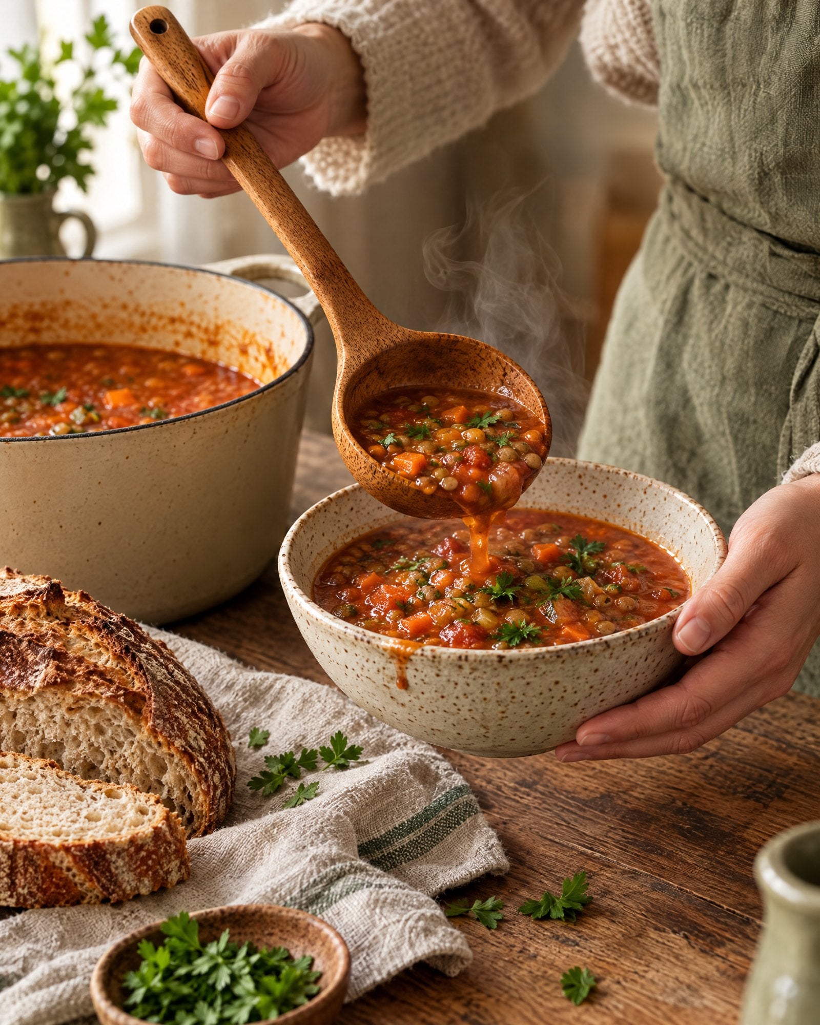 Ladling soup with the Thallō teak ladle